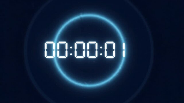 A glowing blue digital countdown timer ticks down from six seconds against a dark background, featuring a neon circular progress bar that tracks the remaining time.