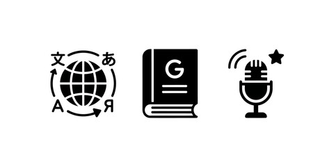 Global language translation icons set for international communication and learning, including globe with text and dictionary book for business or education. ©  شفافة خلفية