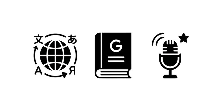 Global language translation icons set for international communication and learning, including globe with text and dictionary book for business or education.