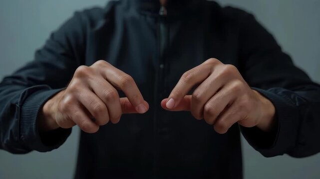 Adult person in black jacket making focused hand gesture with finger against plain background