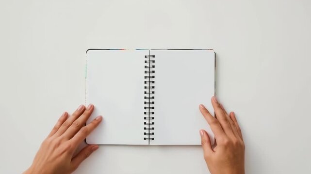 Open Notebook with Hand Beside Blank Page, Spiral Binding, Top View on White Paper