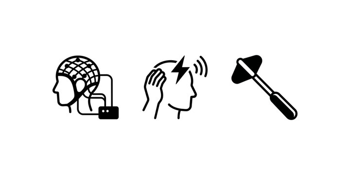 Medical examination and diagnosis icons showing brainwave monitoring, headache, and reflex testing for health assessment.