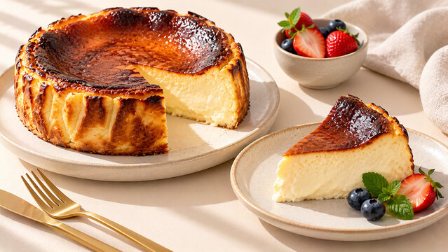 Basque Burnt Cheesecake with Creamy Center and Slice on Ceramic Plate