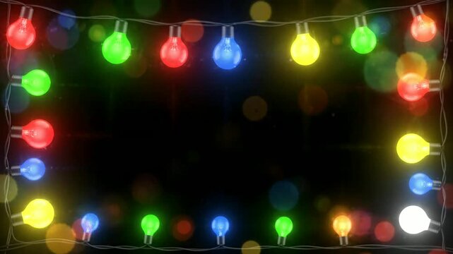 Colorful holiday lights border blinking on white background