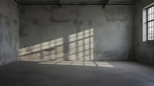 Empty Abandoned Industrial Room with Cracked Concrete Walls and Sunlit Window Shadows