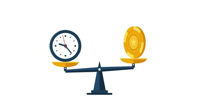 Flat vector balance scale weighing time and money representing efficiency