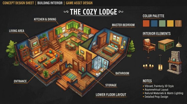 Cozy Lodge Interior Design - Detailed Illustration of a Comfortable Living Space.