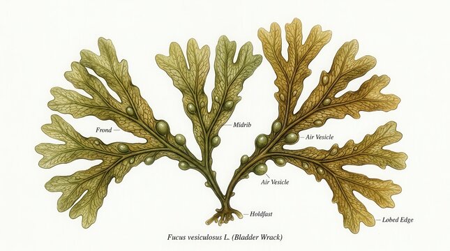 Vintage Botanical Illustration of Bladder Wrack Seaweed Fucus Vesiculosus with Scientific Labels on White Background