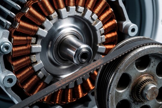 Close up of broken asynchronous electric motor in washing machine. Copper wire windings, metal shaft, drive belt show mechanical malfunction. Technician performs repair service by replacing worn