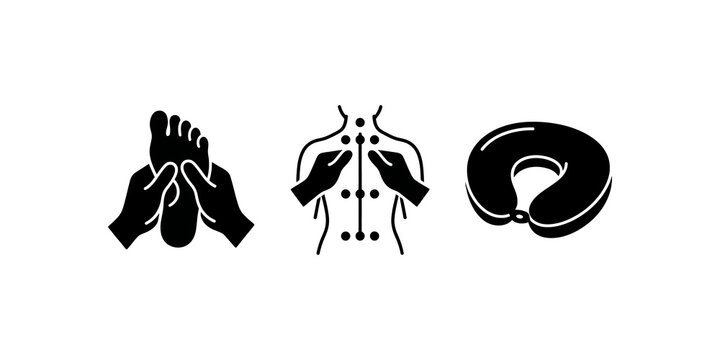 Foot massage, back massage with pressure points and neck pillow icons, wellness and relaxation services.
