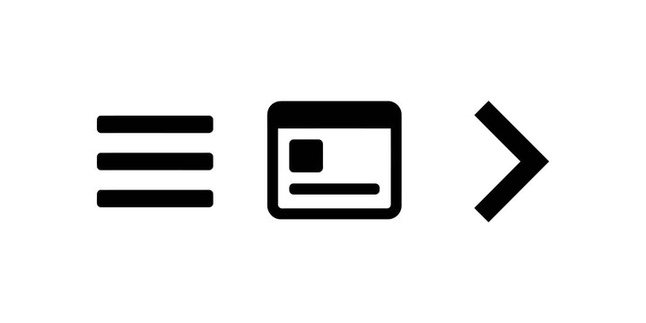 Hamburger menu icon for navigation, browser window icon for web browsing, and right arrow icon for next action.