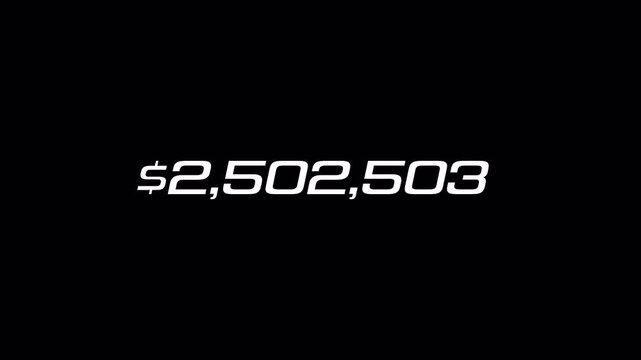 10 million dollar number counting animation. Counting money and digits increasing 4k animation with alpha channel on transparent background 