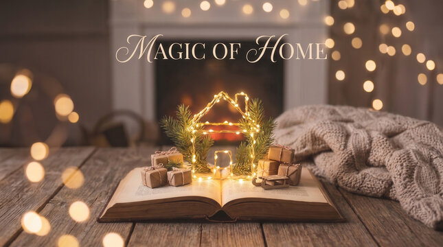 Illuminated house outline on open book with gifts and cozy fireplace background
