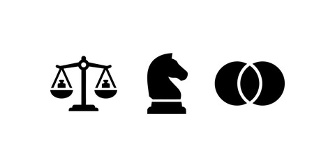 Legal and strategy icons, balance scale, chess knight, and interlocked circles, symbolizing justice, planning, and partnership or connection. ©  شفافة خلفية