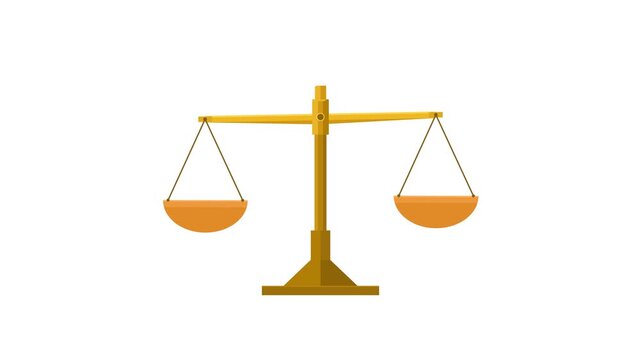 Golden scale of justice assembling and balancing on white background