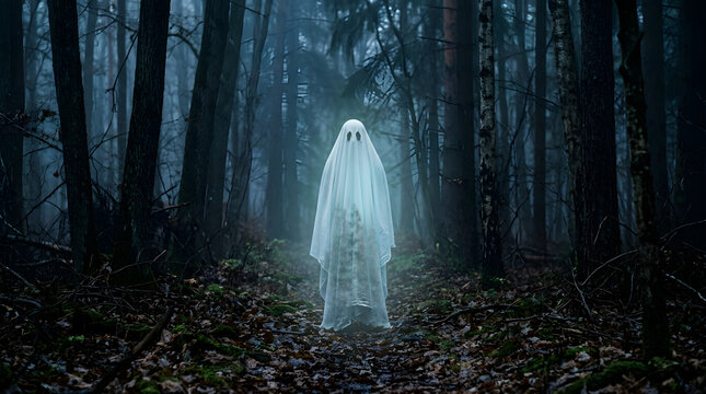 Eerie apparition of a ghostly figure standing in a dark and mysterious forest