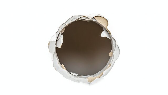A circular hole in a white wall with torn edges revealing a dark brown interior space on a plain white background
