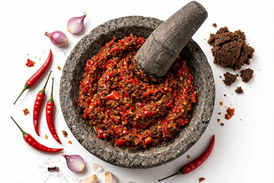 Indonesian Sambal Terasi Chili Paste in Stone Mortar Cobek and Ulekan Pestle Isolated White Background
