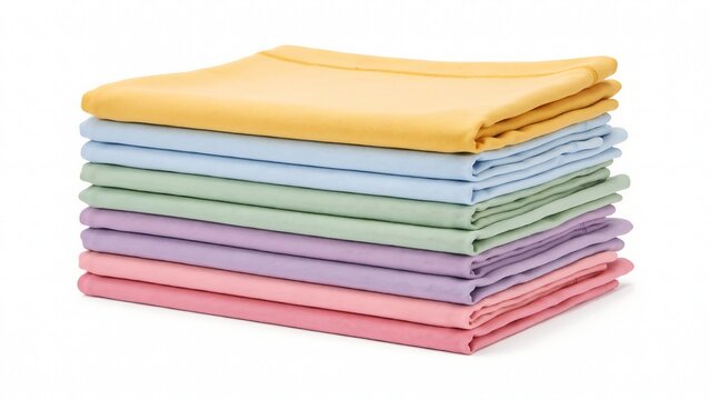 A neat stack of folded colorful cotton fabrics in yellow, blue, green, purple, and pink on a white background