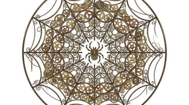Steampunk spider web with mechanical gears isolated on transparent