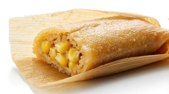 Golden corn tamale wrapped in dried husk on white background. Close up shot shows delicious yellow corn filling inside authentic mexican snack. Traditional steamed masa dish prepared for breakfast