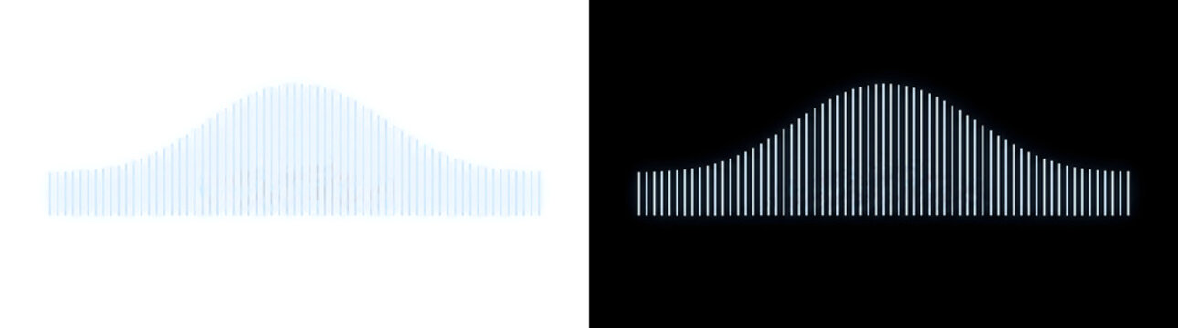 Bell curve of glowing white vertical bars for data charts and presentations in PNG, Transparent and Black Background Versions