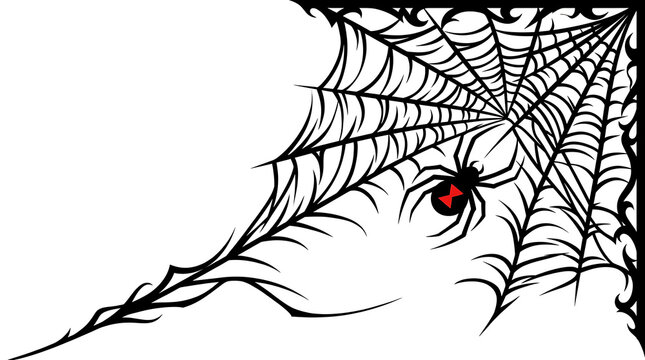 Halloween spider web corner border with black widow spider isolated