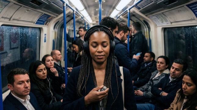 Mindful female passenger practicing relaxation and breathing exercises inside busy subway car.