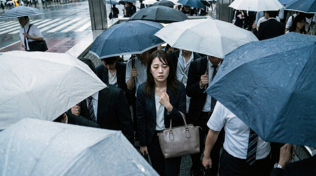 Stressed businesswoman walking through crowded rainy city street under many umbrellas.