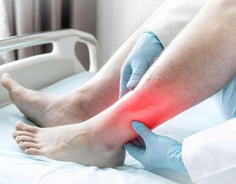 Doctor examining patient's swollen leg with pain highlighted in red, at a medical facility