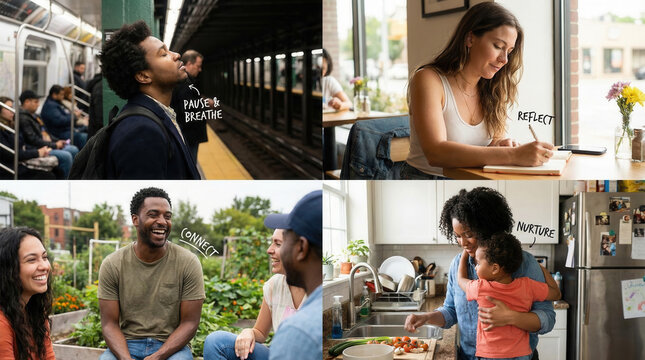 Four panel photo montage displaying daily self care practices and positive lifestyle choices.