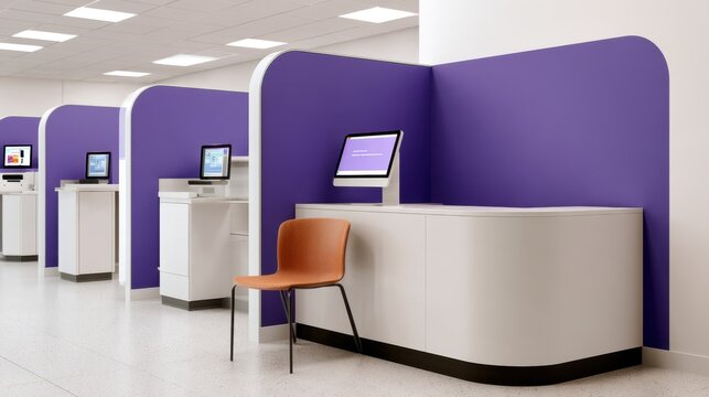 Modern self service kiosk row with purple privacy booths and touchscreen terminals for office check in design and website background