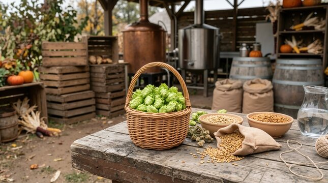 Woven basket filled with fresh green hops on a rustic wooden table. Malt grain and brewing equipment at an outdoor craft brewery