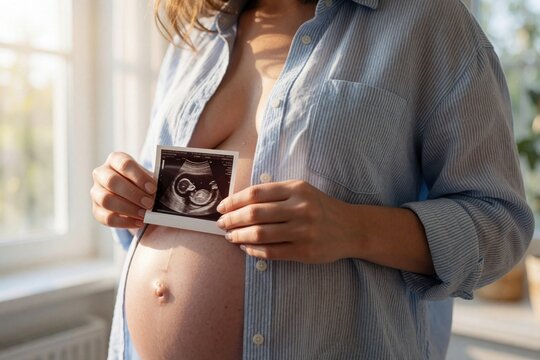 Young pregnant woman holds ultrasound scan near bare belly. Expecting mother shows baby sonogram photo at home. Maternity concept of pregnancy, prenatal care. Happy female holds medical report of