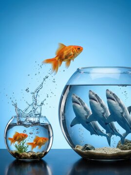 Goldfish Leaping from a Small Bowl into a Large Fishbowl with Sharks - Concept of Dangerous Ambition and Risk
