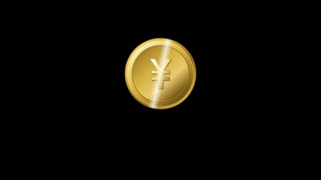 Premium gold Japanese yen coin physical bouncing animation on dark background with realistic metallic material, squash and stretch impact, rotation momentum, and smooth seamless motion.