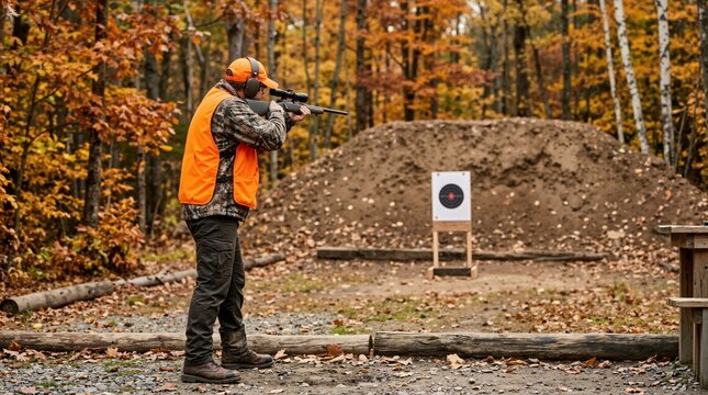 Hunter aiming a scoped rifle at a target in an autumn forest. Marksman wearing blaze orange vest and ear protection practicing shooting