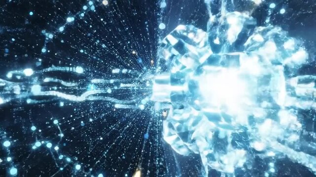 Digital Nexus: A glowing, crystalline structure at the center pulsates with light, emanating complex networks of digital connections.