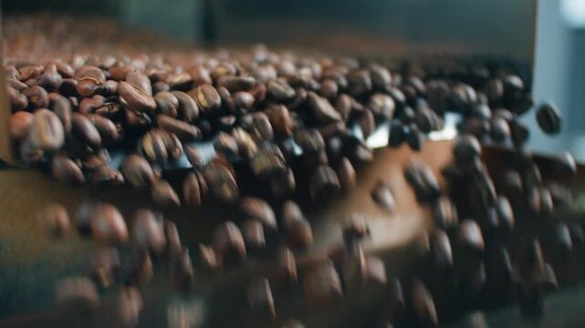Close up roasted coffee beans spilling from automated roaster into steel container factory production brown grains flowing through discharge opening during industrial cacao processing operation indoor