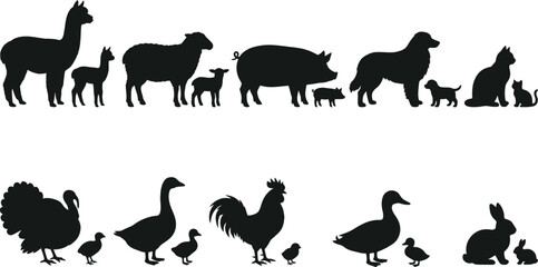 Fototapeta premium Farm Animals with Babies Silhouette Vector Set - Mother and Baby Livestock Domestic Animals Silhouette Icons