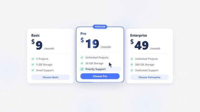 A modern premium SaaS pricing card animation with three plans: Basic, Pro and Enterprise. A cursor selects a plan, the active border sweeps around the card, the price digits roll vertically, the featu