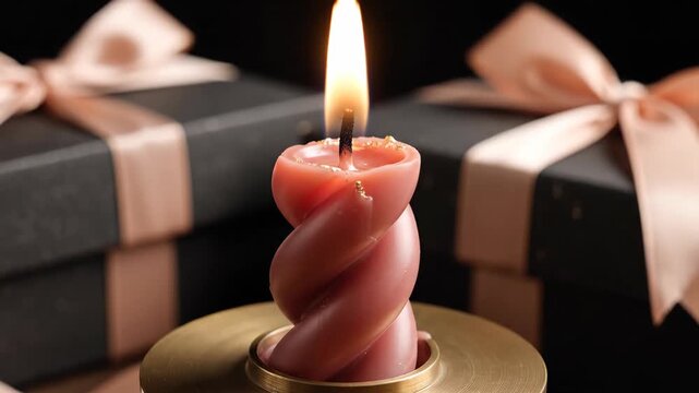 Dusty rose spiral candle burns in a brass toned holder before black gift boxes tied with blush ribbons, combining sculptural wax curves and golden firelight in a refined Christmas gifting close-up