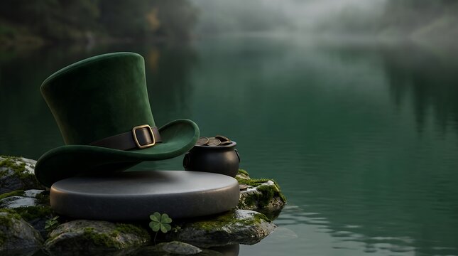 St. Patrick's Day banner design featuring a green leprechaun hat and gold coins on a stone base