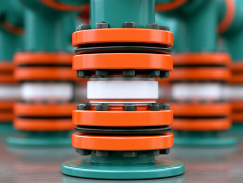 Vibration isolator compressor industrial equipment orange flange teal machinery white spacer bolt macro view precision