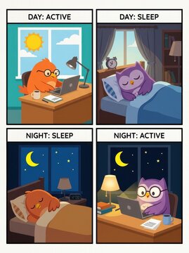 Early Bird vs Night Owl Productivity Comparison Illustration Showing Different Sleep and Work Cycles for Day and Night