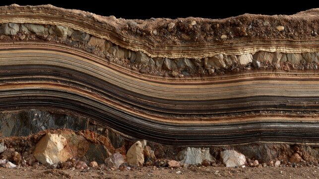 Detailed geological cross section of earth subsurface with wavy sedimentary rock layers in brown, black, tan and reddish tones, educational geology illustration