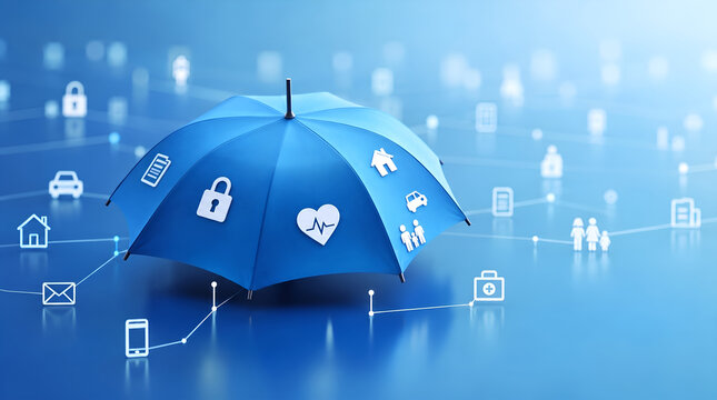 Comprehensive insurance concept with blue umbrella covering digital icons representing health, life, property, and vehicle protection on a connected background network