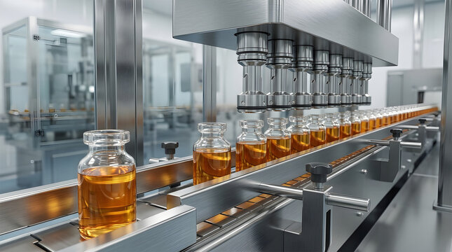 Glass Bottles on Conveyor Belt in Beverage Factory