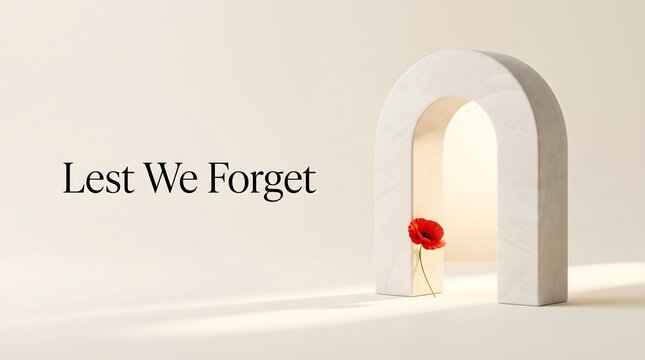 A single red poppy flower placed within a marble arch with text lest we forget
