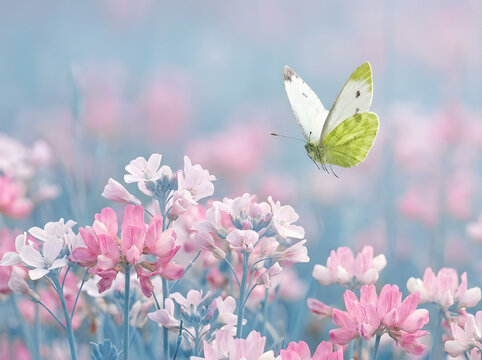 White Butterfly Flying over Pink Meadow Flowers